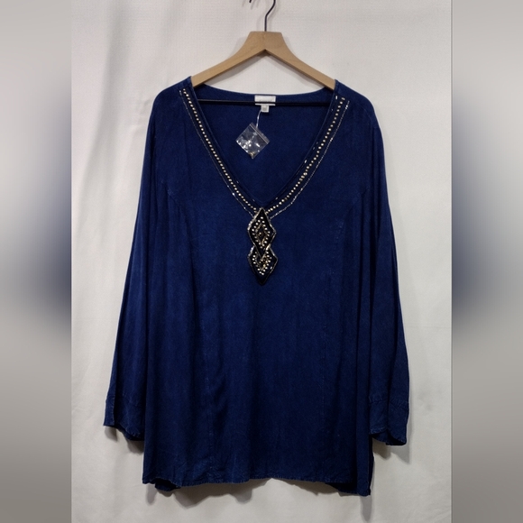 NWOT Avenue Embellished Top Women's 30/32 Blue Boho Retro 90s Y2K Casual Comfy - Picture 1 of 13
